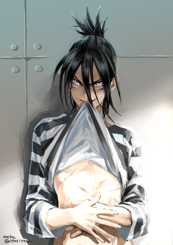 androgynous bad_id bad_pixiv_id bangs black_hair evil_grin evil_smile facial_mark folded_ponytail grin hair_between_eyes half_updo indesign long_hair male_focus one-punch_man onsoku_no_sonic prison_clothes purple_eyes scar shirt shirt_lift smile smirk solo striped striped_shirt teeth toned toned_male upper_body