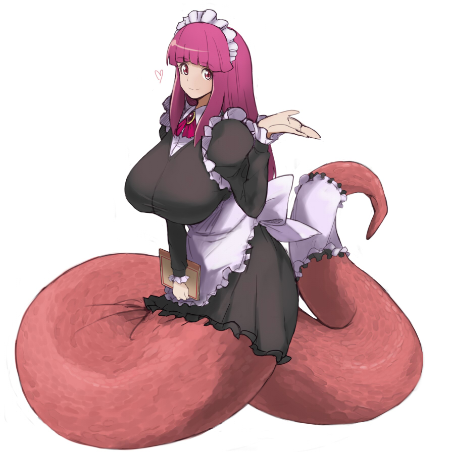 artist_request bow bowtie breasts huge_breasts kon_(kdash) lamia maid monster_girl pink_hair red_eyes tail