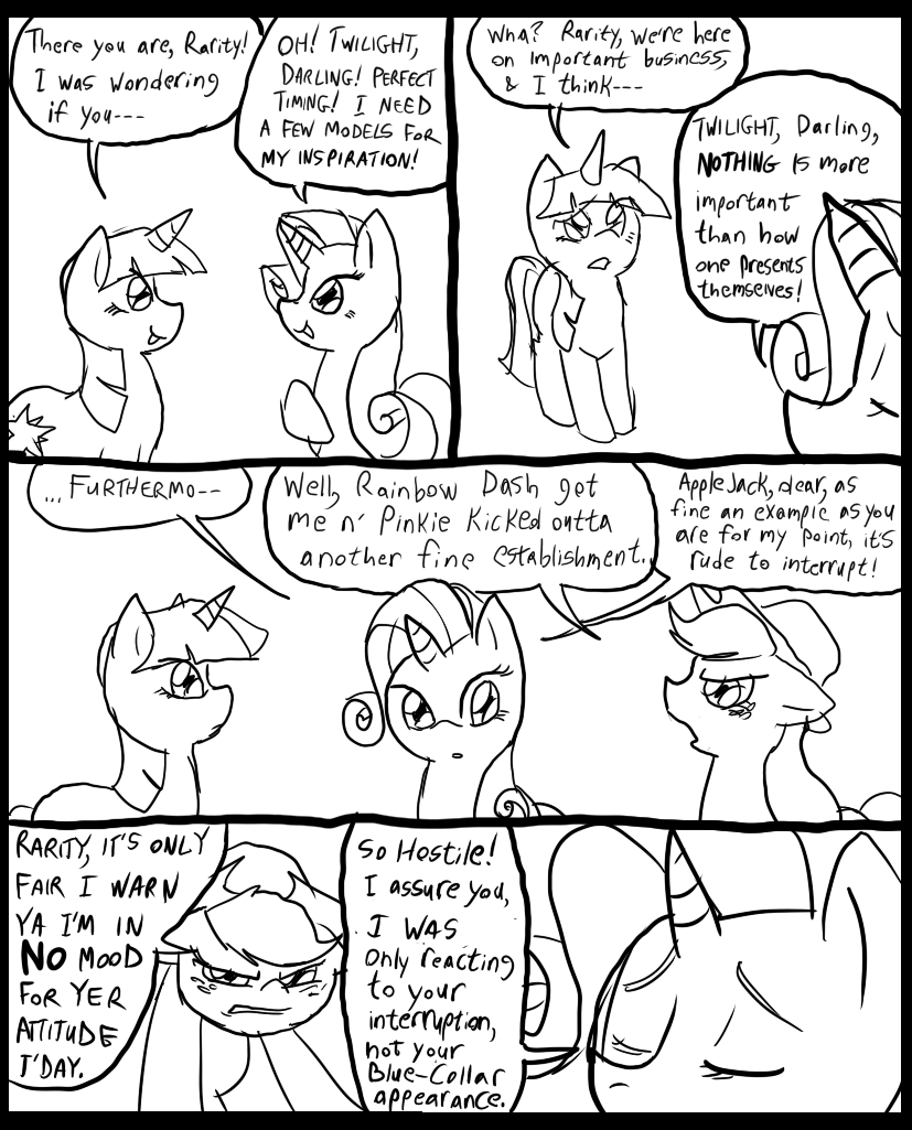 angry applejack_(mlp) black_and_white comic cowboy_hat cutie_mark dialog english_text equine eyes female feral freckles friendship_is_magic group hair hat horn horse mammal metal_(artist) monochrome my_little_pony pony rarity_(mlp) text twilight_sparkle_(mlp) unicorn