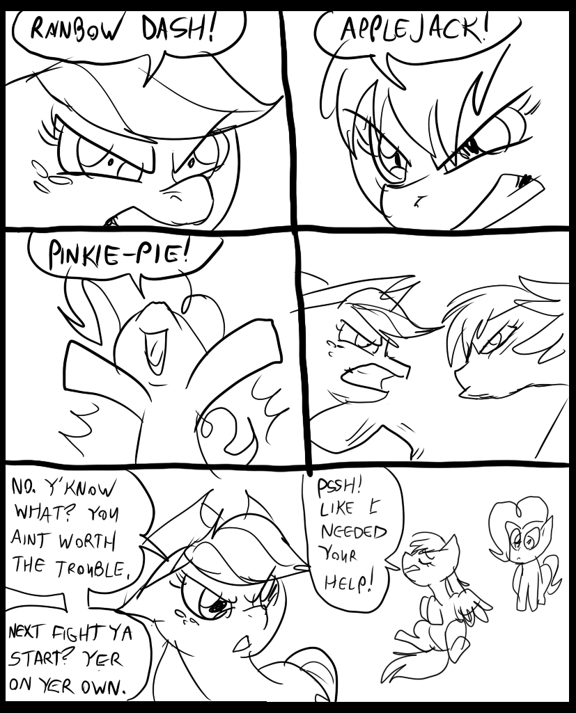 angry applejack_(mlp) black_and_white comic cowboy_hat dialog english_text equine eyes female feral freckles friendship_is_magic group hair hat horse inside mammal metal_(artist) monochrome my_little_pony pegasus pinkie_pie_(mlp) pony rainbow_dash_(mlp) smile text wings