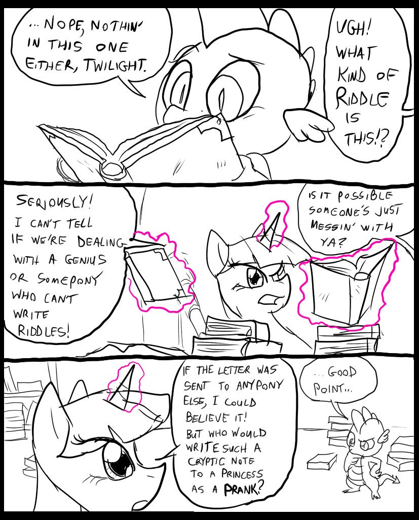 black_and_white book comic dialog dragon duo english_text equine eyes female feral friendship_is_magic hair horn horse inside library magic male mammal metal_(artist) monochrome my_little_pony pony spike_(mlp) text twilight_sparkle_(mlp) unicorn