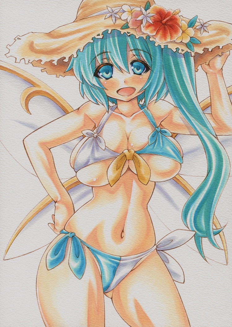 aqua_hair bikini blue_eyes blush breasts cleavage collarbone colored_pencil_(medium) curvy daiyousei fairy_wings flower hand_on_hip hat hat_flower hibiscus large_breasts long_hair looking_at_viewer marker_(medium) millipen_(medium) navel open_mouth side-tie_bikini side_ponytail simple_background skindentation smile solo straw_hat swimsuit tan touhou traditional_media underboob very_long_hair white_background wings yutakasan-love