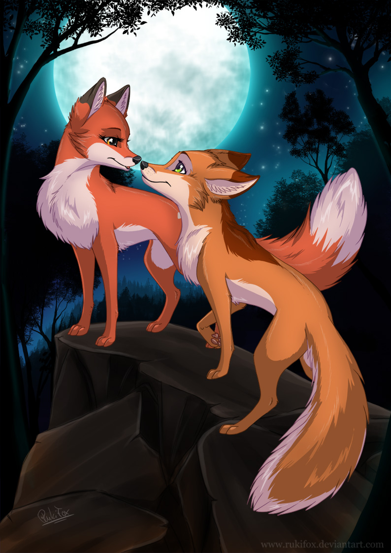 abby ambiguous_gender canine cute feral fluffy_tail fox mammal moon night outside rick rukifox