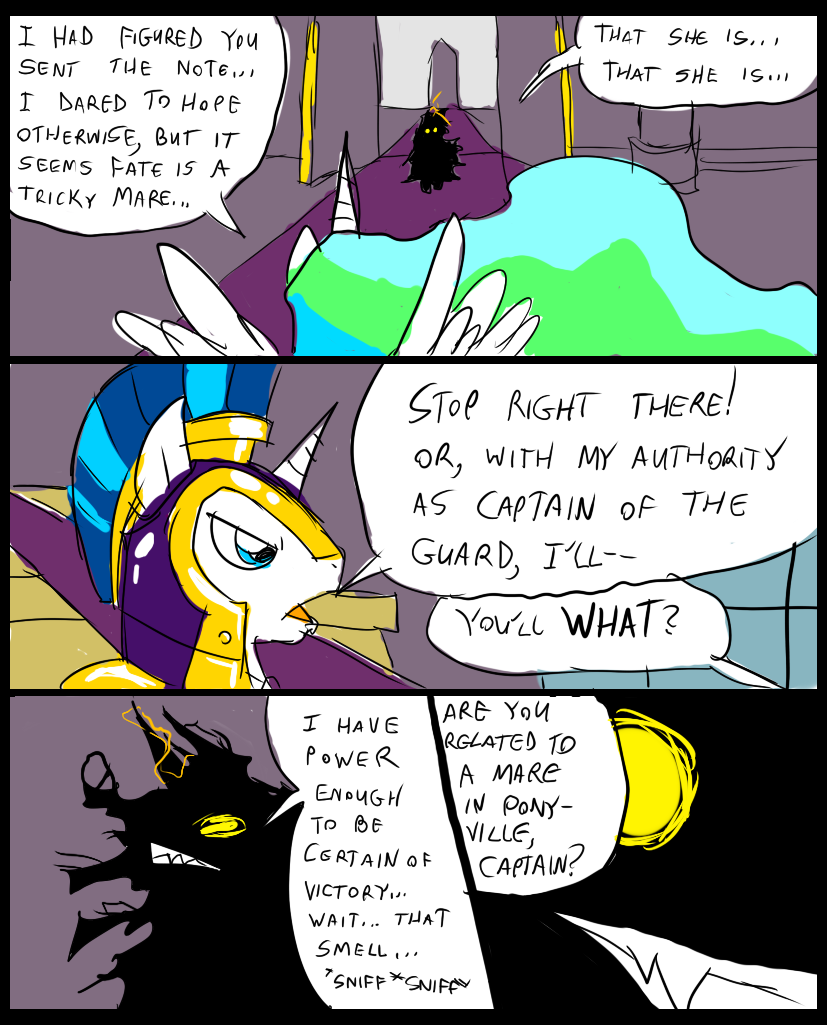 armor blue_eyes comic dialog english_text equine eyes female feral friendship_is_magic fur glowing glowing_eyes group hair horn horse inside mammal metal_(artist) multi-colored_hair my_little_pony pony princess princess_celestia_(mlp) royal_guard_(mlp) royalty shining_armor_(mlp) text unicorn white_fur winged_unicorn wings