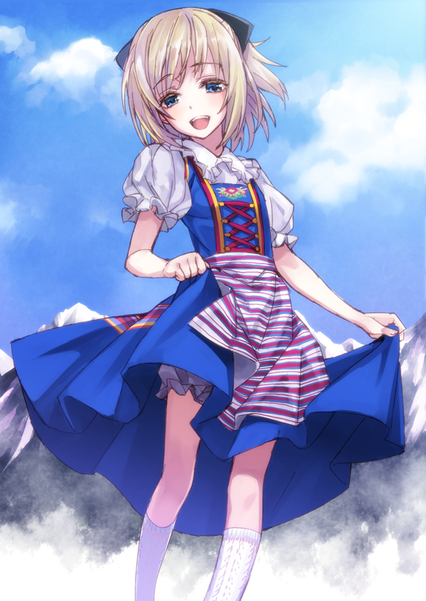 :d blonde_hair bloomers blue_eyes cloud cross-laced_clothes day dress looking_at_viewer matsuryuu mountain open_mouth original puffy_sleeves short_hair short_sleeves skirt_hold sky smile solo swiss_clothes underwear white_legwear