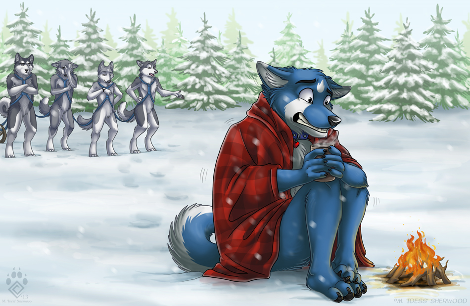 anthro blue_fur campfire canine cold collar dog drink fire fur harness husky idess male mammal outside sled_dog snow snowing unimpressed winter