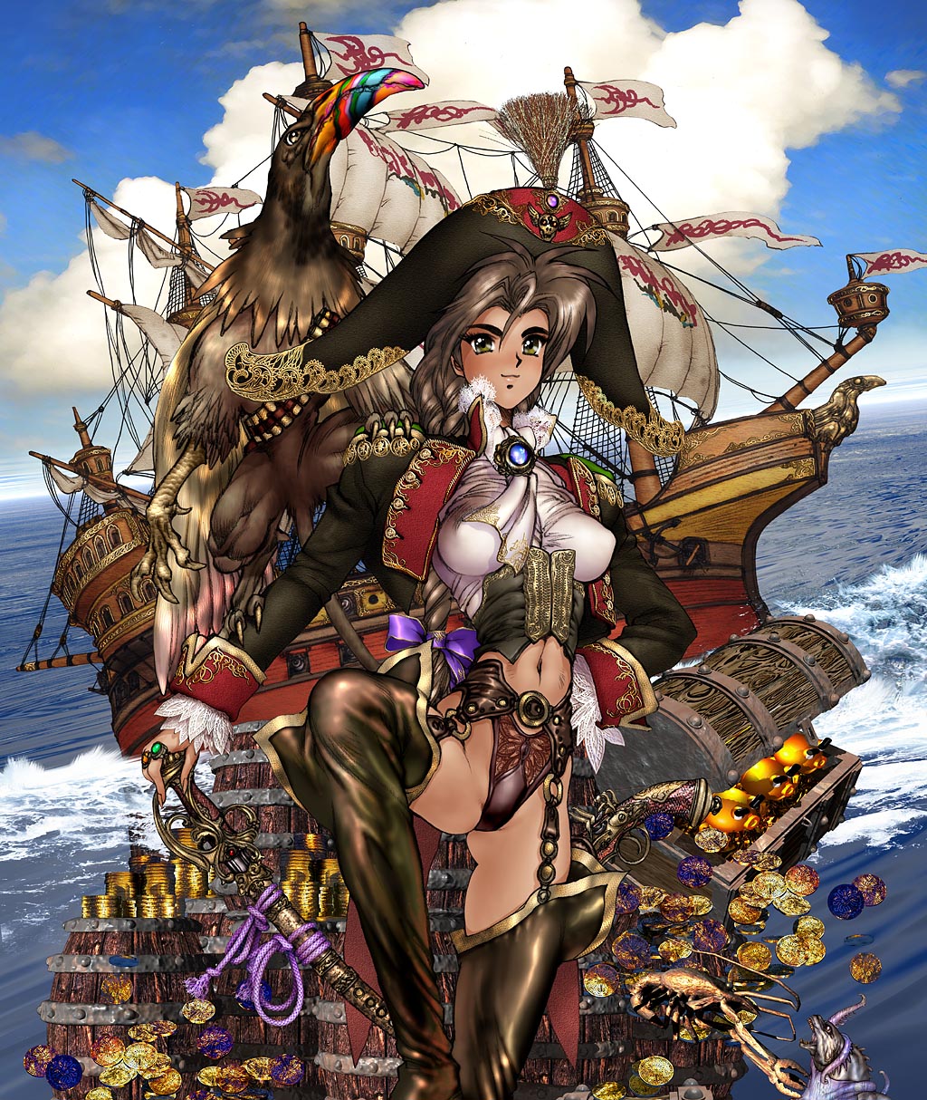 bird breasts brown_hair copyright_request green_eyes hat highres looking_at_viewer navel ocean pirate pirate_costume pirate_hat pirate_ship ship shirou_masamune small_breasts smile sword treasure treasure_chest watercraft weapon