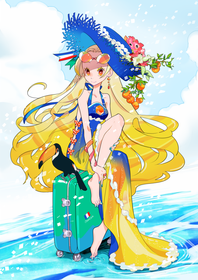 barefoot bird blonde_hair cloud day dress earrings flower hat jewelry long_hair nail_polish orange_eyes orangina rakuchii_(rurituvo) sky smile solo suitcase sunglasses toenail_polish toucan very_long_hair water