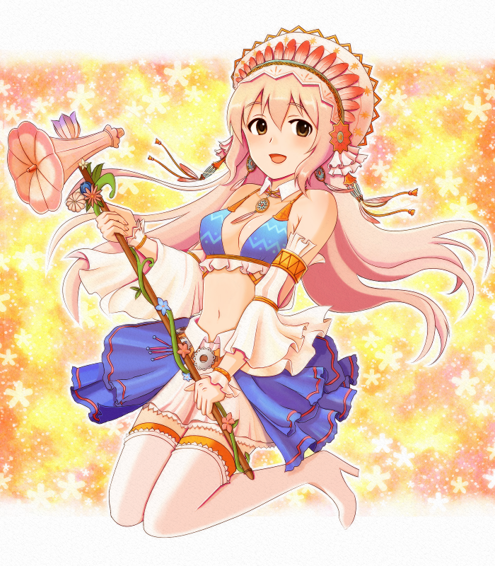 :d bare_shoulders bikini_top blush breasts brown_eyes cleavage collarbone detached_sleeves feathers frills hair_ornament hat high_heels idolmaster idolmaster_cinderella_girls jewelry long_hair looking_at_viewer megaphone moyachiki navel open_mouth pendant pink_hair saionji_kotoka shoes skirt small_breasts smile solo tareme thighhighs wand white_legwear wide_sleeves