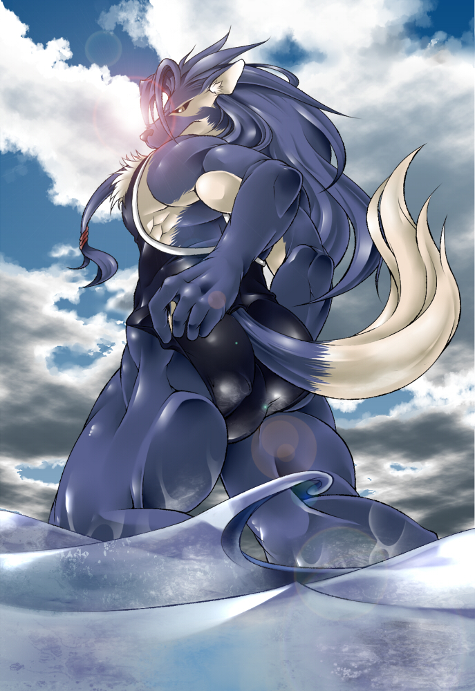 abs anthro biceps big_butt big_muscles blue_fur butt canine duga fur hisamehisame lens_flare male mammal muscles pose shining_(series) shining_force shining_force_exa sky solo sourou_cerulean_wolf video_games water white_fur wolf