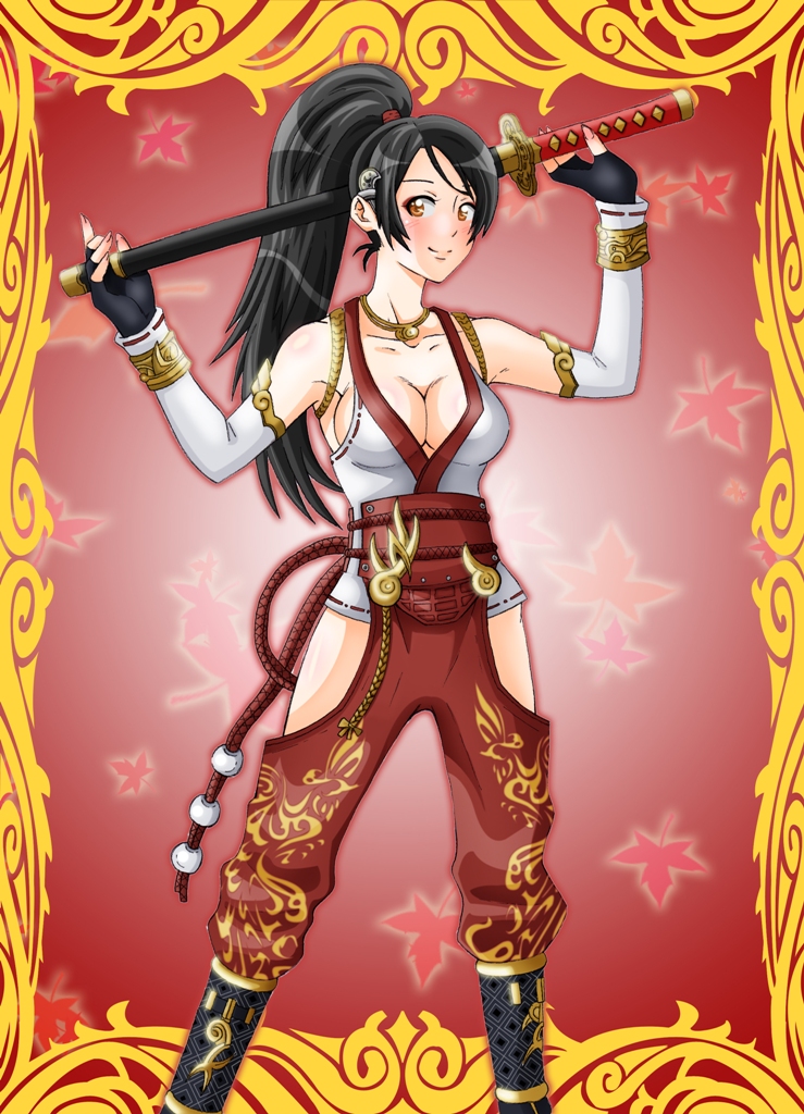 1girl black_hair breasts cleavage large_breasts momiji_(ninja_gaiden) ninja_gaiden ninja_gaiden:_dragon_sword ponytail smile solo sword tsukasa-decade weapon