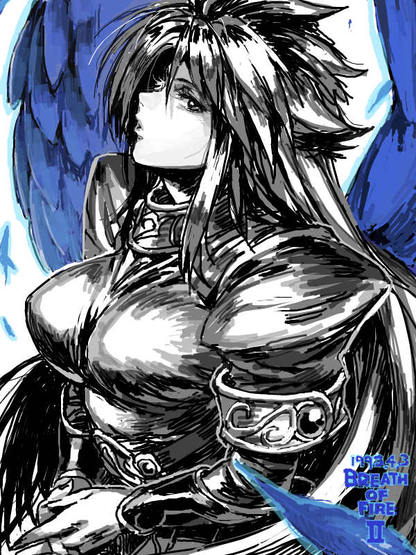 1993 angel_wings azusa belt breasts breath_of_fire breath_of_fire_ii bridal_gauntlets large_breasts long_hair looking_at_viewer monochrome nina_(breath_of_fire_ii) payot sidelocks wings