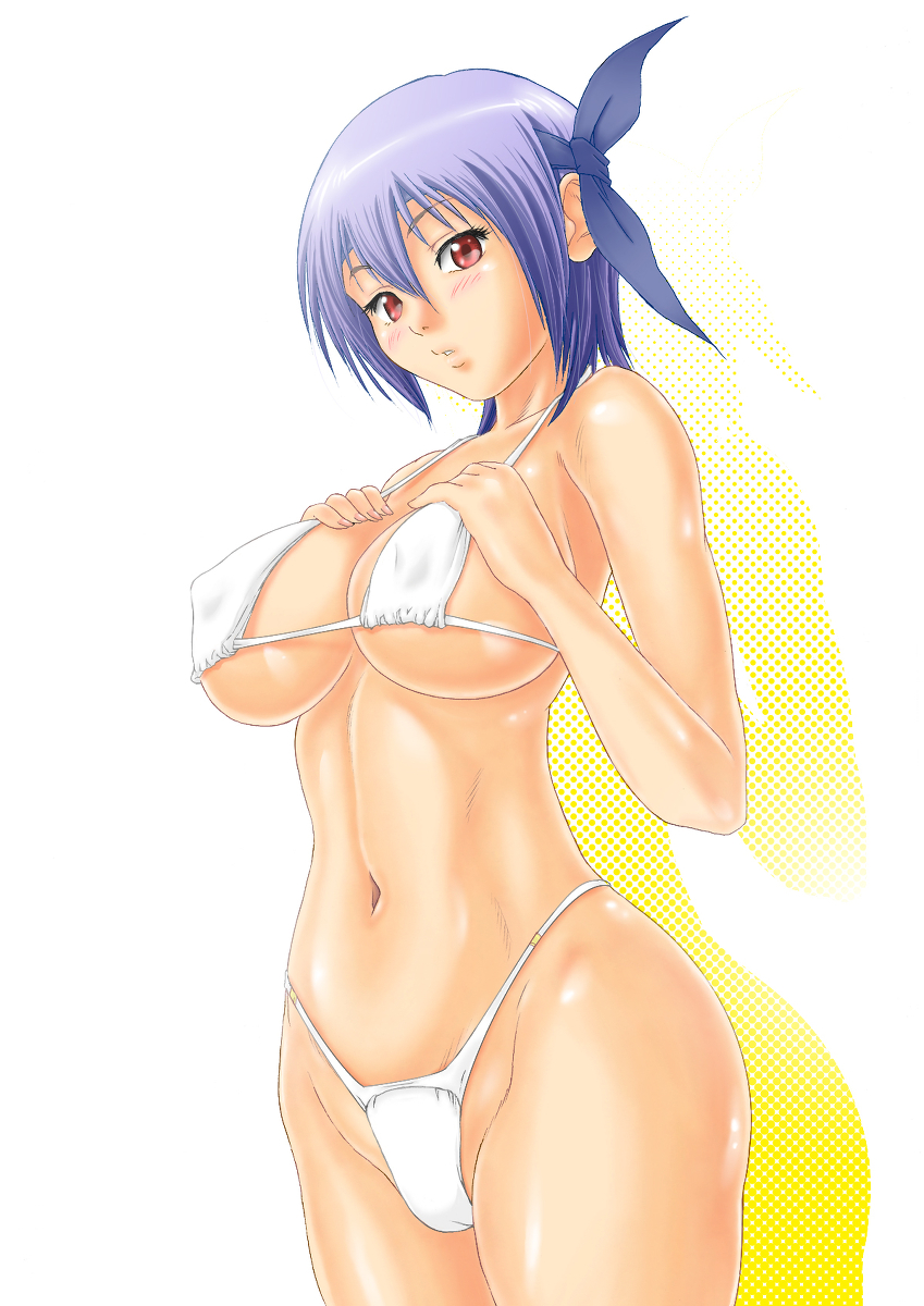 1girl ayane ayane_(doa) bikini breasts dead_or_alive highres keito_fujihara large_breasts pixiv_manga_sample purple_hair red_eyes resized short_hair simple_background solo swimsuit tecmo