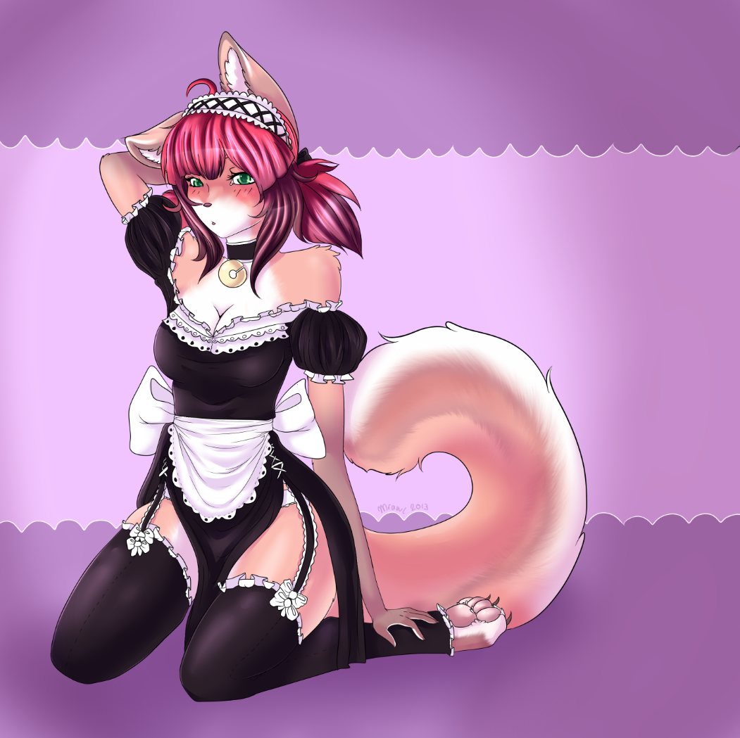 abstract_background arm_behind_head avoid_posting bell blush bow breasts cat claws cleavage clothed clothing collar conditional_dnp feline female fur green_eyes hair hindpaw kneeling legwear long_hair looking_at_viewer maid maid_uniform mammal mrawl orange_fur paws pink_nose red_hair solo stockings toeless_socks white_fur