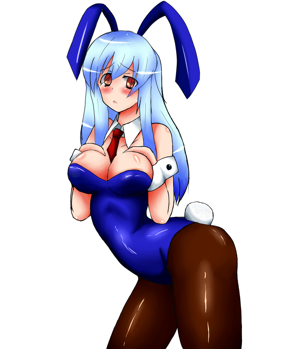 animal_ears aqua_hair breasts brown_eyes bunny_ears bunny_eats bunny_girl bunny_tail bunnysuit necktie pantyhose simple_background tail wrist_cuffs