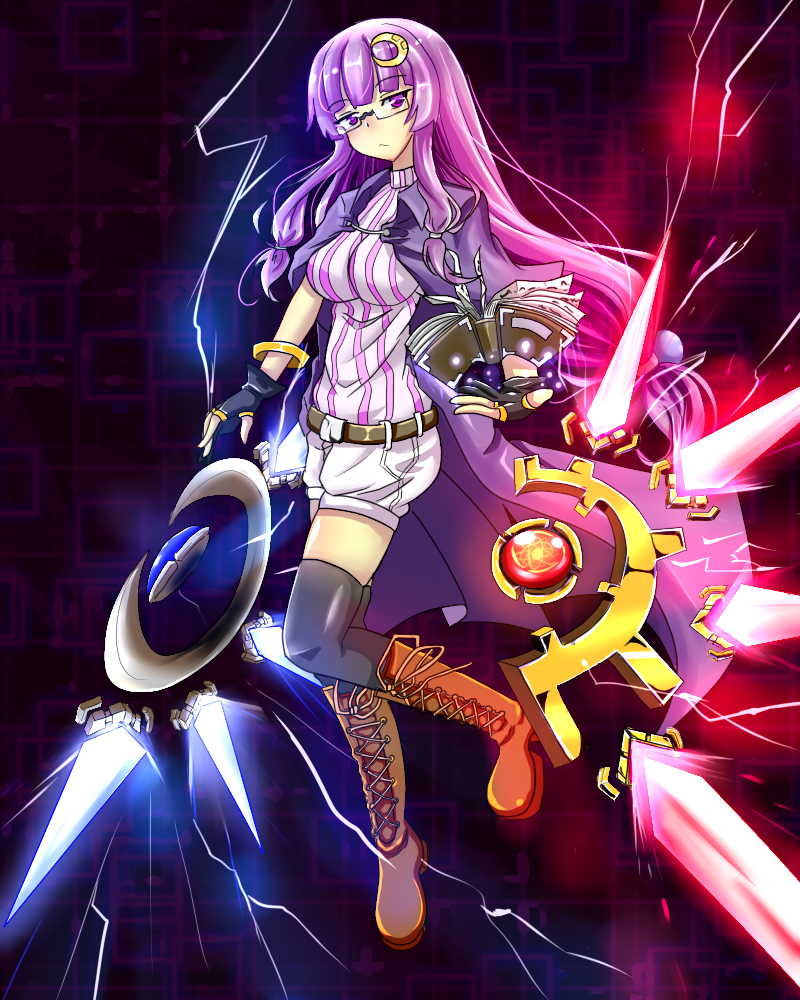 alternate_costume belt bespectacled black_gloves black_legwear book boots breasts coat crescent crescent_hair_ornament cross-laced_footwear darkness fingerless_gloves gem glasses gloves glowing hair_ornament large_breasts lightning long_hair looking_at_viewer low-tied_long_hair open_clothes open_coat patchouli_knowledge purple_eyes purple_hair rakku_(10219563) shirt shorts solo striped striped_shirt thighhighs touhou very_long_hair