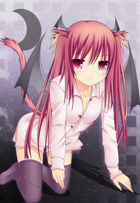 all_fours alternate_hairstyle animal_ears bad_id bad_pixiv_id bat_wings black_legwear bottomless cat_ears cat_tail collarbone crescent dress_shirt head_wings kaiba-san_@kc kemonomimi_mode koakuma long_hair looking_at_viewer naked_shirt no_pants red_eyes red_hair shirt solo tail thighhighs touhou twintails very_long_hair wings zettai_ryouiki
