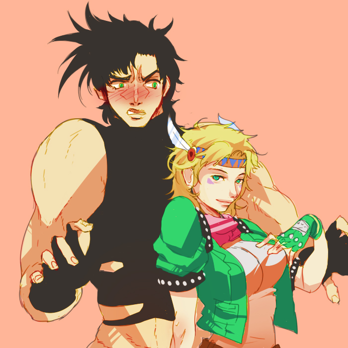 1girl black_hair blonde_hair blush bteele caesar_anthonio_zeppeli facial_mark feathers fingerless_gloves genderswap genderswap_(mtf) gloves green_eyes green_jacket hair_feathers headband jacket jojo_no_kimyou_na_bouken joseph_joestar_(young) midriff sleeveless sleeveless_turtleneck turtleneck