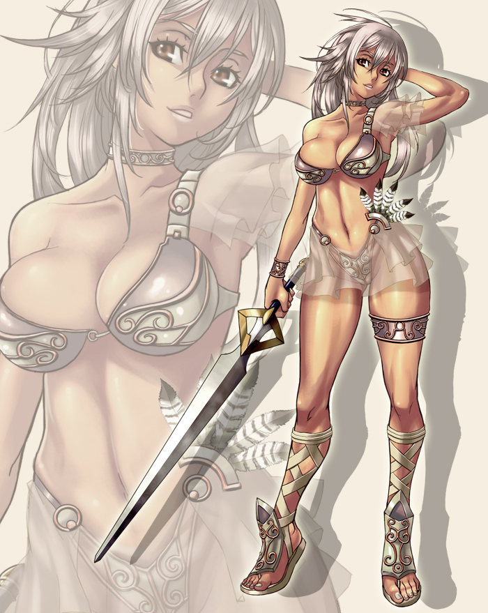 1girl amazon breasts brown_eyes cleavage dark_skin feathers long_hair midriff sandals see-through sethxzoe silver_hair smile solo sword warrior weapon