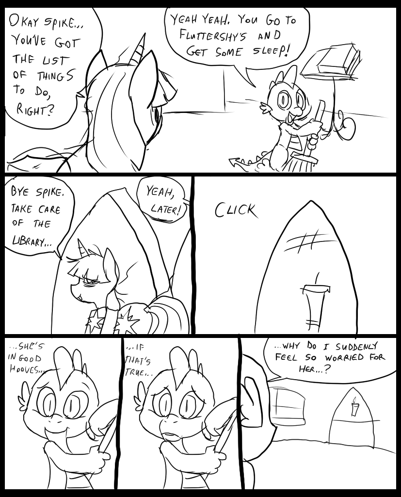 book broom comic cutie_mark dialog dragon duo english_text equine eyes female feral friendship_is_magic hair horn horse inside library male mammal metal_(artist) monochrome my_little_pony pony smile spike_(mlp) text twilight_sparkle_(mlp) unicorn