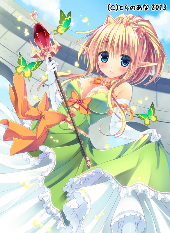 bare_shoulders blonde_hair blue_eyes blush bow breasts bug butterfly cleavage dress elbow_gloves elf gloves hair_ornament insect jewelry kizuki_erika long_hair medium_breasts original pointy_ears ribbon skirt skirt_lift smile solo staff tiara wand