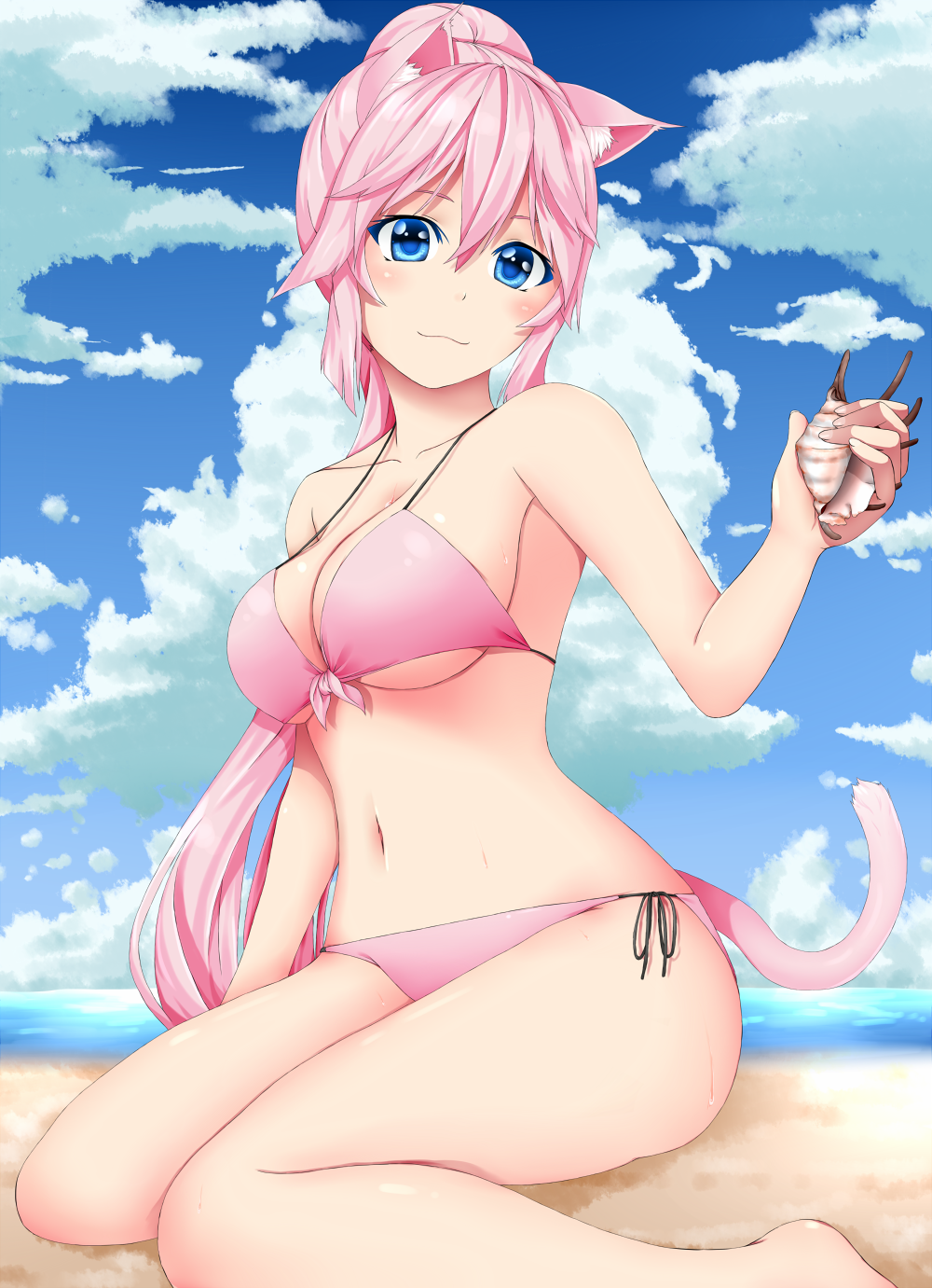 :3 animal_ears ayase_tamaki bad_id bad_pixiv_id beach bikini blue_eyes blush cat_ears cat_tail cloud collarbone conch day front-tie_top hair_between_eyes highres holding long_hair navel original outdoors pink_hair ponytail shell side-tie_bikini sitting sky solo strap_gap swimsuit tail very_long_hair water wet