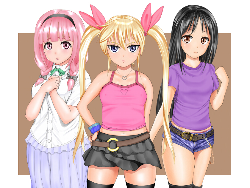 3girls artist_request bangs belt black_hair blonde_hair blue_eyes blunt_bangs blush bow breasts brown_eyes denim denim_shorts hairband hand_holding jewelry large_breasts long_hair looking_at_viewer multiple_girls necklace pink_eyes pink_hair shorts skirt small_breasts thighhighs twintails