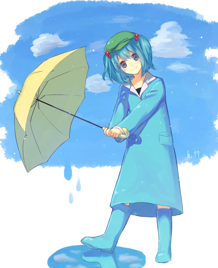 amazakesakumi1222 blue_eyes blue_hair boots casual cloud dated day hair_bobbles hair_ornament hat kawashiro_nitori looking_at_viewer puddle raincoat rubber_boots short_hair sky smile solo touhou two_side_up umbrella