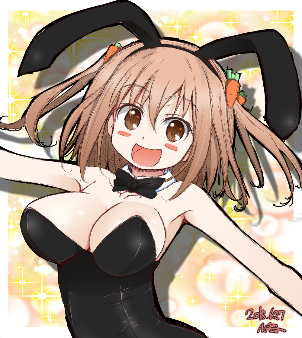 :d animal_ears bare_shoulders blush blush_stickers breasts brown_eyes brown_hair bunny_ears bunnysuit carrot cleavage detached_collar fake_animal_ears hair_ornament hataraku_maou-sama! large_breasts naz open_mouth sasaki_chiho short_hair short_twintails smile solo twintails