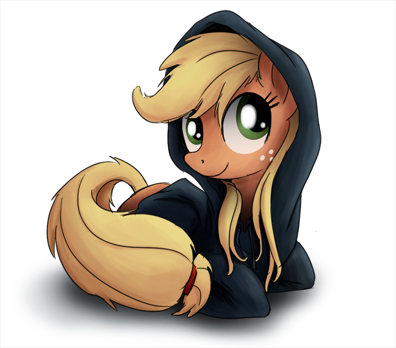 2013 applejack_(mlp) blonde_hair clothing equine female freckles friendship_is_magic green_eyes hair high-roller2108 hoodie horse lying my_little_pony plain_background pony solo