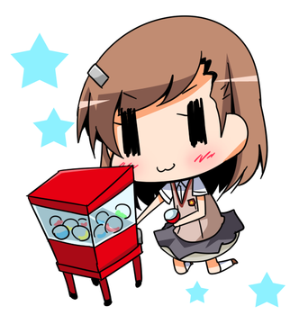 :3 blush brown_hair chibi gashapon gashapon_machine hair_ornament hairclip kneeling lowres misaka_mikoto school_uniform short_hair skirt socks solo star suntail sweater_vest to_aru_kagaku_no_railgun to_aru_majutsu_no_index vending_machine ||_||