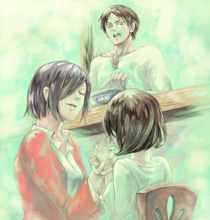 2girls black_hair brown_hair eren_yeager family father_and_daughter holding_hands if_they_mated mikasa_ackerman mother_and_daughter multiple_girls shingeki_no_kyojin short_hair warami