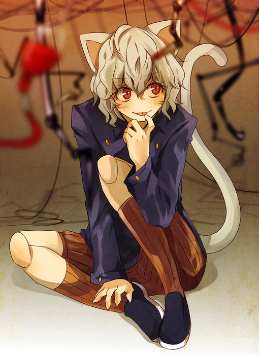 androgynous animal_ears bad_id bad_pixiv_id cat_ears cat_tail curly_hair hunter_x_hunter neferpitou nuriko-kun puppet_strings sitting solo tail thinking tongue tongue_out