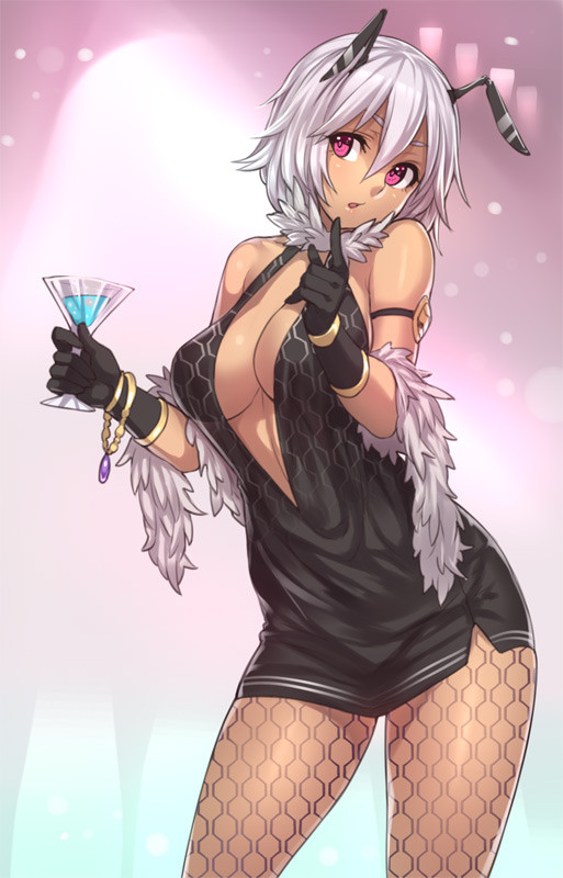 :o antennae black_gloves bracelet breasts center_opening cleavage cup dress feather_boa formal gloves halterneck houtengeki jewelry large_breasts original pantyhose pink_eyes short_hair silver_hair solo unmoving_pattern