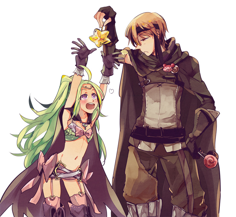 1girl :d ahoge armpits arms_up bad_id bad_pixiv_id baggy_pants belt bikini_top blush bow candy cape circlet cloak detached_sleeves fingerless_gloves fire_emblem fire_emblem:_kakusei food gaia_(fire_emblem) garter_straps gloves green_hair hand_on_hip headband heart height_difference holding holding_up ishiwari leaning leaning_forward lollipop long_hair looking_down looking_up mamkute midriff multiple_belts navel nono_(fire_emblem) open_mouth orange_eyes orange_hair outstretched_arms pants pink_legwear purple_eyes reaching short_shorts shorts simple_background sleeveless smile star star-shaped_pupils swirl_lollipop symbol-shaped_pupils teeth thighhighs very_long_hair white_background zettai_ryouiki