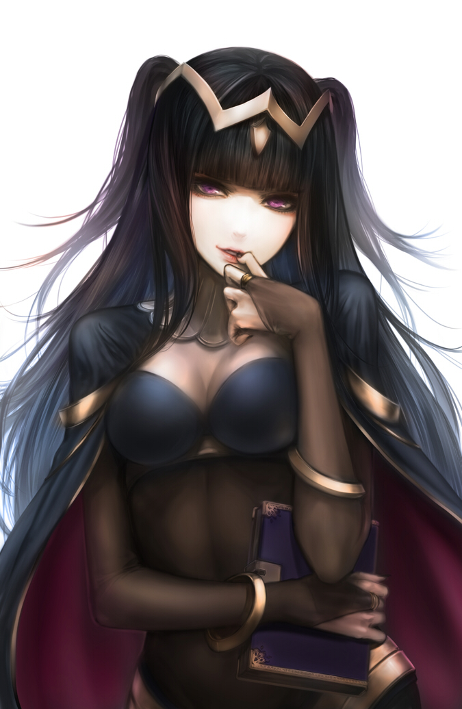 bangs black_hair blunt_bangs bodysuit book bracelet breasts bridal_gauntlets cape circlet cleavage fire_emblem fire_emblem:_kakusei hair_ornament hand_to_own_mouth head_tilt holding jewelry lips lipstick long_hair makeup medium_breasts mins_(minevi) naughty_face pale_skin parted_lips purple_eyes see-through simple_background skin_tight smile solo tharja two_side_up white_background