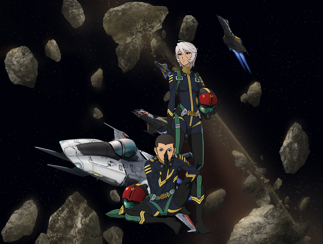 1boy 1girl asteroid black_hair bodysuit cosmo_falcon headwear_removed helmet helmet_removed holding_helmet katou_saburou looking_at_viewer military military_uniform official_art pilot pilot_suit red_eyes scar short_hair silver_hair sitting skin_tight space space_craft standing uchuu_senkan_yamato uchuu_senkan_yamato_2199 uniform yamamoto_akira