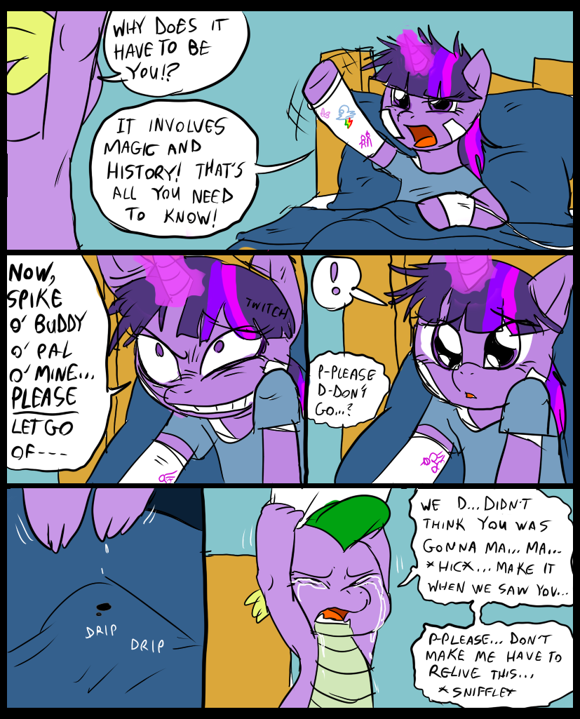 bandage comic crying dialog dragon duo english_text equine eyes eyes_closed female feral friendship_is_magic fur hair horn horse inside magic male mammal metal_(artist) my_little_pony pony purple_eyes purple_fur purple_hair sad spike_(mlp) tears text twilight_sparkle_(mlp) unicorn