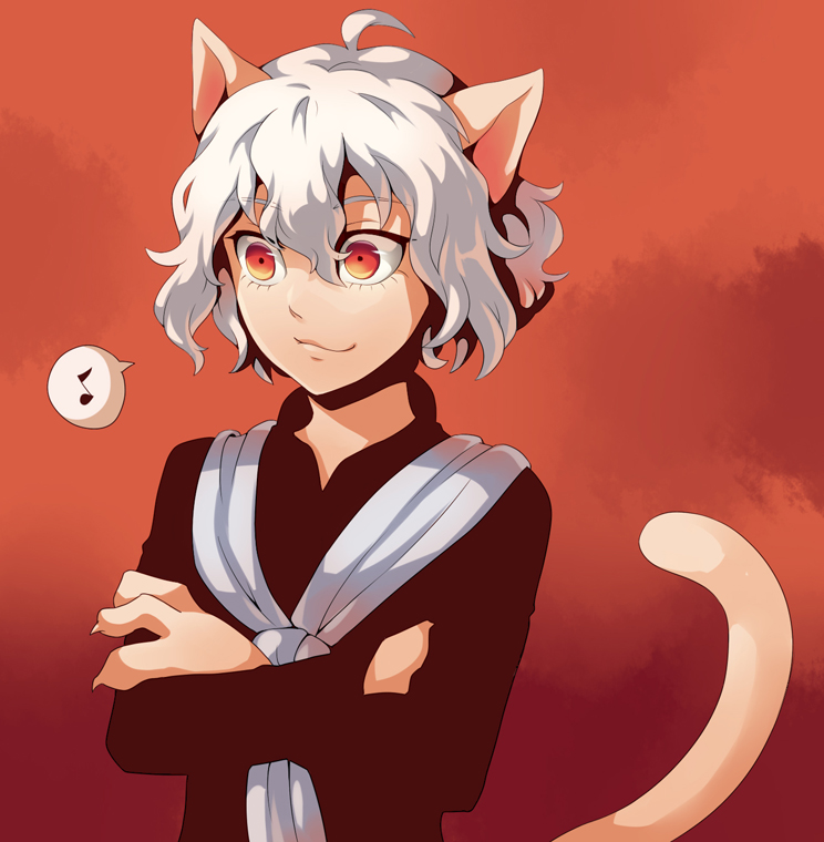 androgynous animal_ears bad_id bad_pixiv_id cat_ears cat_tail claws cr72 crossed_arms curly_hair hunter_x_hunter neferpitou orange_eyes smile solo tail
