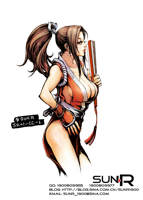 1girl artist_name breasts earrings fan fatal_fury jewelry large_breasts ponytail shiranui_mai simple_background snk solo sun.r