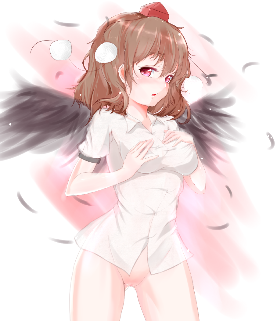 bad_id bad_pixiv_id black_wings blush bottomless brown_hair expressionless feathers hat looking_at_viewer naked_shirt red_eyes septet_(zrca_janne) shameimaru_aya shirt solo tokin_hat touhou wings