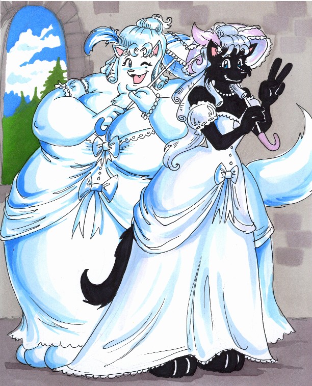 barefoot black_fur breasts canid canine canis castle cleavage clothed clothing dress female fur hair looking_at_viewer mammal morbidly_obese obese one_eye_closed overweight overweight_female parasol sue-chan_(artist) traditional_media_(artwork) tree v_sign white_fur white_hair wink wolf