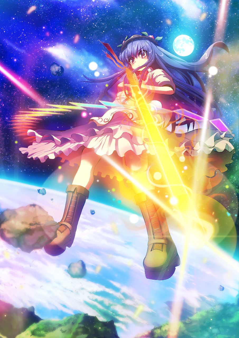 amisu bad_id bad_pixiv_id blue_hair boots earth hat hat_ribbon highres hinanawi_tenshi long_hair moonlight red_eyes ribbon solo space sword_of_hisou touhou