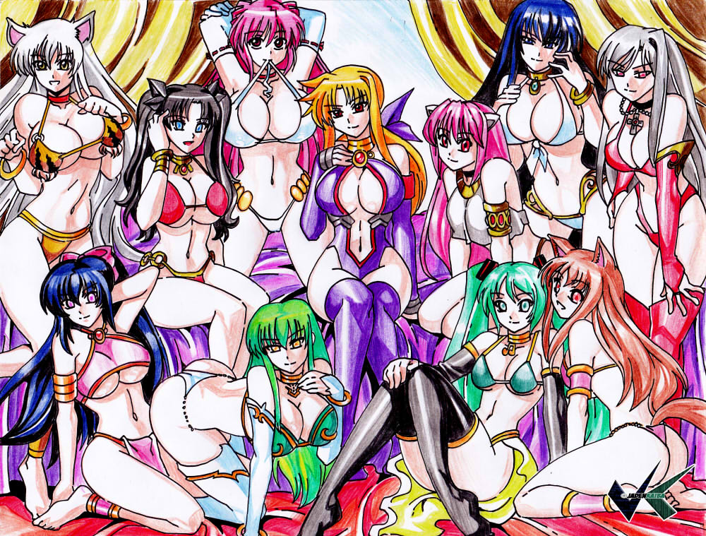 akashiya_moka animal_ears aqua_eyes aqua_hair ass bakemonogatari bikini black_hair black_hanekawa blonde_hair blue_eyes blue_hair bracelet breasts bridal_gauntlets brown_eyes brown_hair c.c. cat_ears cleavage code_geass collar crossover elfen_lied fate/stay_night fate_(series) fate_testarossa gem green_hair hanekawa_tsubasa harem harem_outfit hatsune_miku holo horns inner_moka jadenkaiba jewelry kampfer kousaka_tamaki long_hair lucy lyrical_nanoha mahou_shoujo_lyrical_nanoha_strikers midriff monogatari_(series) multiple_girls navel noihara_himari o-ring omamori_himari pink_hair ponytail purple_eyes red_eyes red_hair rosario+vampire sangou_shizuku silver_hair smile spice_and_wolf stomach swimsuit tail thighhighs to_heart_2 toosaka_rin twintails underwear very_long_hair vocaloid watermark white_hair wolf_ears wolf_tail yellow_eyes