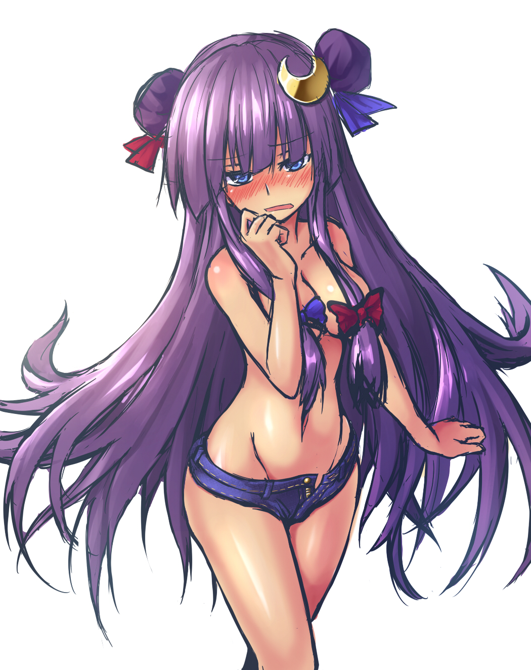 blush breasts crescent crescent_hair_ornament denim denim_shorts double_bun embarrassed hair_ornament hair_over_eyes hair_ribbon highres long_hair medium_breasts navel open_fly open_mouth oukawa_yuu patchouli_knowledge purple_eyes purple_hair ribbon shiny shiny_skin short_shorts shorts simple_background sketch solo topless touhou unzipped white_background