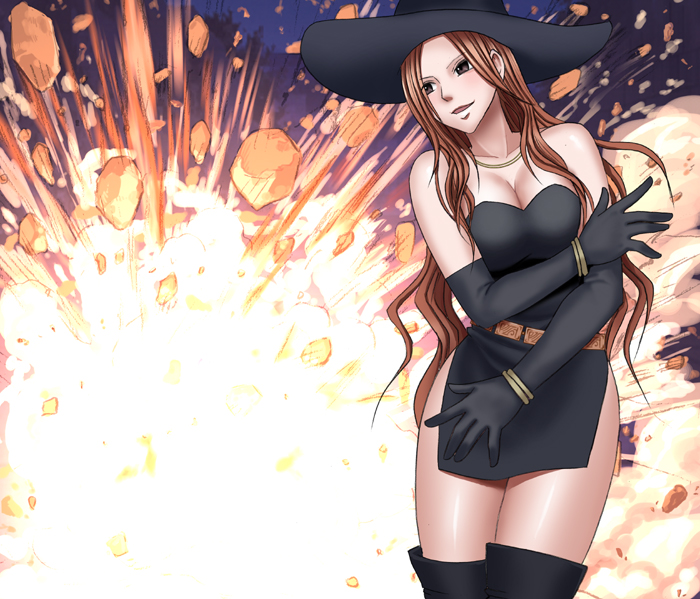 1girl black_dress boots breasts brown_hair crimson_comics dress elbow_gloves gloves hat jewelry long_hair necklace thigh_boots thighhighs wavy_hair witch_sonia