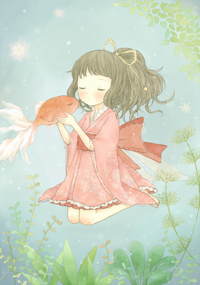 bad_id bad_pixiv_id blush brown_hair closed_eyes dress fish long_hair original plant red_dress ribbon tokoyu underwater