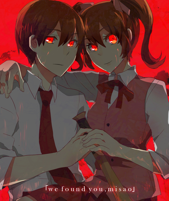 1girl aki_(misao) akito_(misao) arms_around_neck baseball_bat blood blood_on_face bow brown_hair closed_eyes collared_shirt constricted_pupils ears english glowing glowing_eyes hair_bow hair_ornament holding_hands kumashige light_smile misao necktie red red_background red_eyes red_neckwear red_ribbon ribbon school_uniform shirt short_hair sidelocks simple_background sleeves_rolled_up spoilers uniform upper_body white_shirt