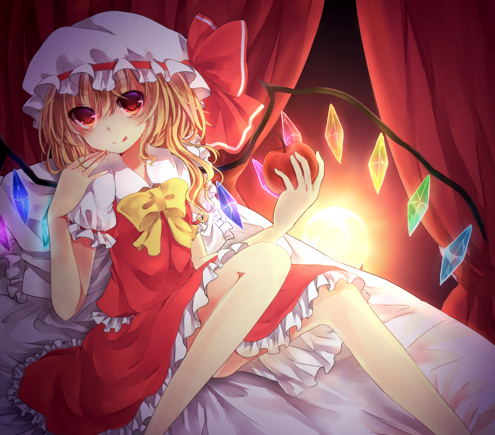 apple bad_id bad_pixiv_id bed blonde_hair flandre_scarlet food fruit hat holding holding_food holding_fruit licking_lips on_bed pillow red_eyes short_hair skirt smile solo tongue tongue_out touhou uyuu_(hirameki) wings