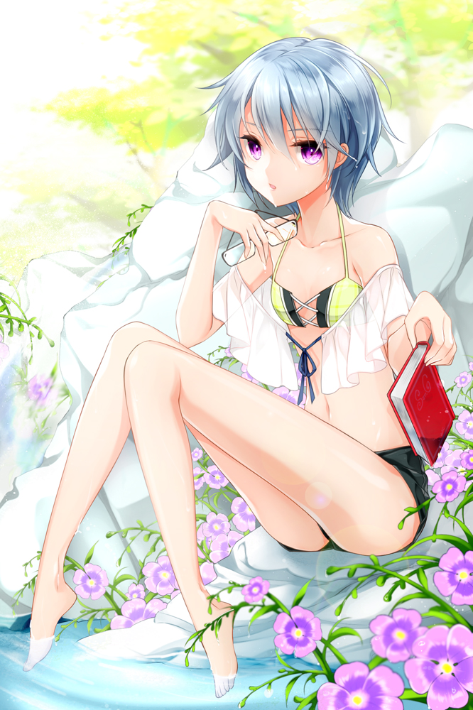 bad_id bad_pixiv_id barefoot bikini blue_hair book dress_shirt esprit eyewear_removed flower front-tie_top glasses holding holding_eyewear juna legs lens_flare long_legs navel purple_eyes shiny shiny_skin shirt short_hair shorts sitting soaking_feet solo swimsuit sword_girls thighs water